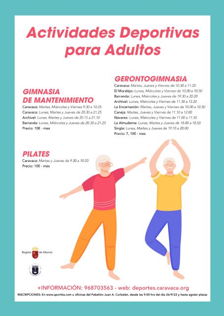 La Concejalía de Deportes oferta más de 300 plazas en el casco urbano y pedanías para clases de gerontogimnasia, pilates y gimnasia de mantenimiento