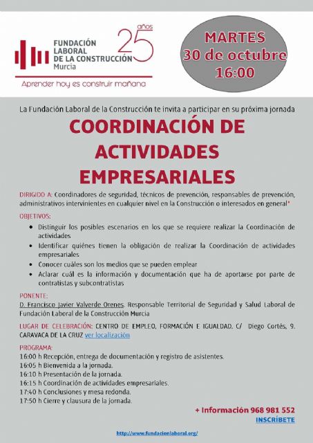 Caravaca, sede de una jornada divulgativa sobre coordinación de actividades empresariales a cargo de la Fundación Laboral de la Construcción