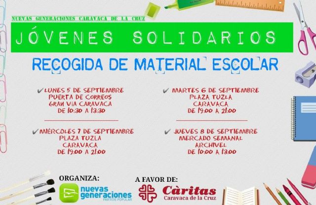 Nuevas Generaciones Caravaca recogerá material escolar para ayudar a las familias con menos recursos