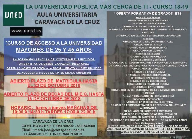 El aula universitaria de la UNED en Caravaca mantiene abierto el plazo de matrícula hasta el 23 de octubre