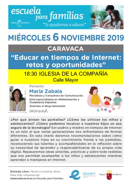 La Escuela de Familias comienza este miércoles en Caravaca con la conferencia 'Educar en tiempos de Internet: retos y oportunidades'