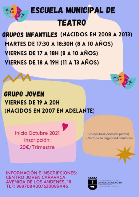 El Ayuntamiento de Caravaca abre el plazo de inscripción en la Escuela Municipal de Teatro con grupos infantiles y juveniles