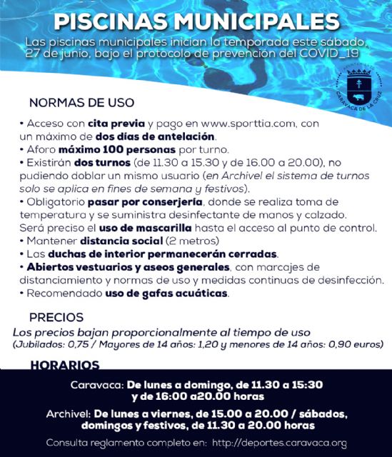 Las piscinas municipales de Caravaca y Archivel abren este sábado